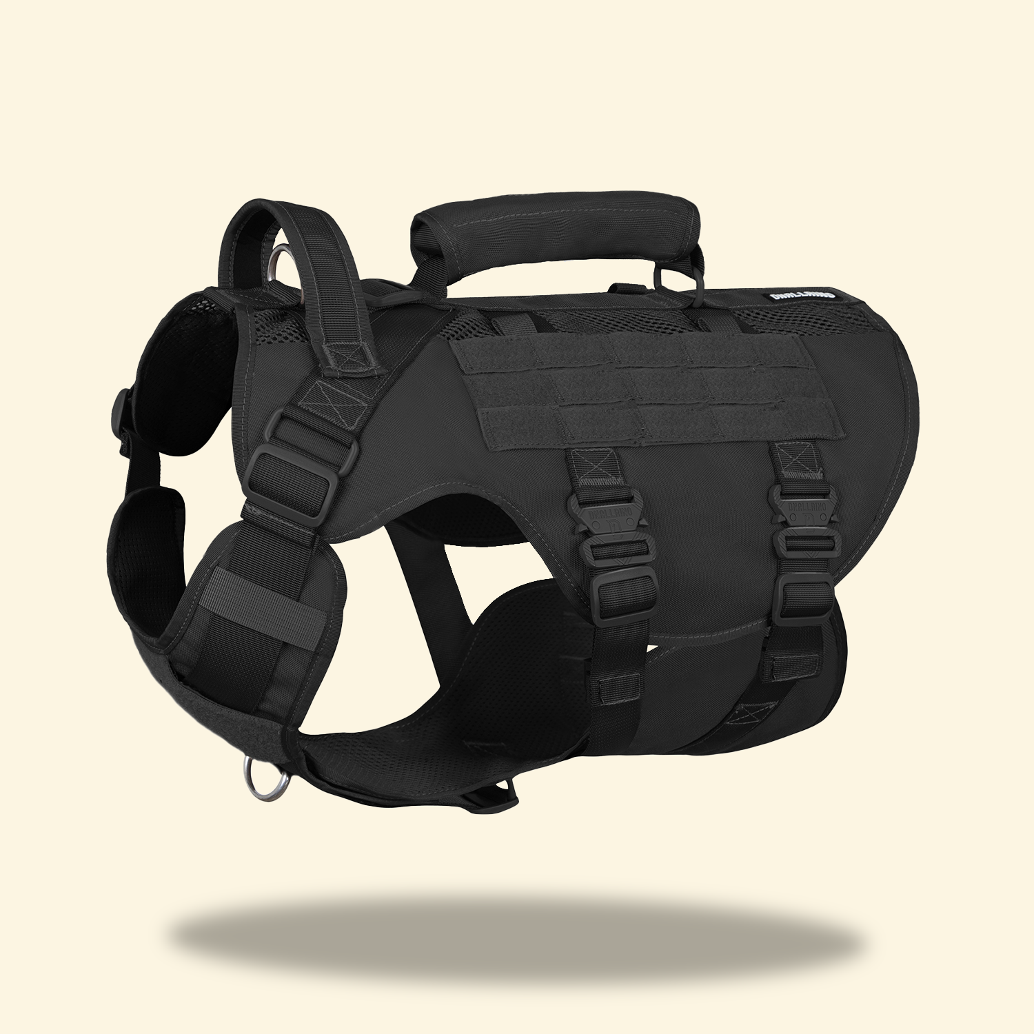 Black tactical dog harness with metal buckles and lifting handle