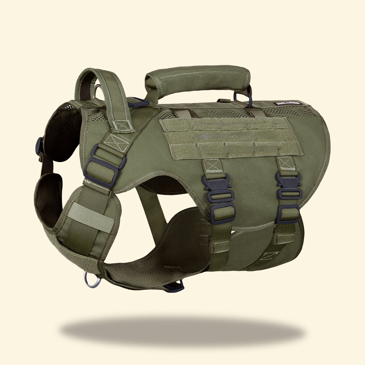Green service dog vest with MOLLE system and breathable mesh