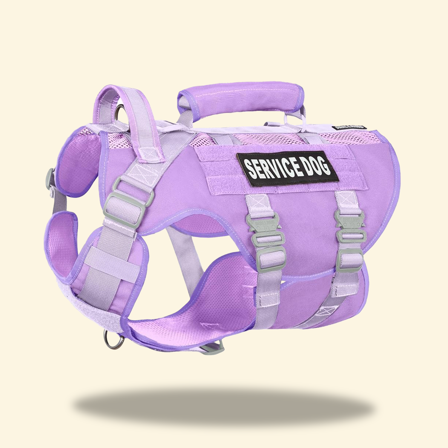 Purple service harness with adjustable straps and quick-release buckles